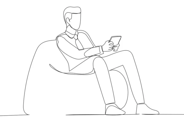 Cartoon Young Man Sitting Comfy Soft Armchair Holding Telephone Chatting — Vector de stock