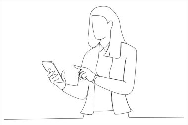 Illustration of woman standing using a mobile phone. One line art style