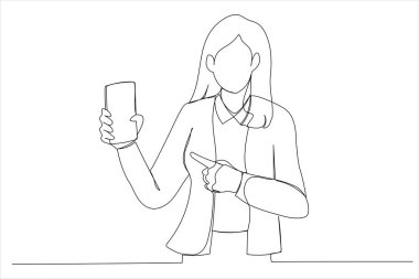 Cartoon of seller recommending to buy new digital gadget device. Single continuous line art style