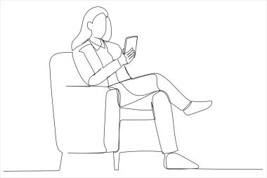 Cartoon of woman using mobile phone with new application sitting in armchair. Single continuous line art style