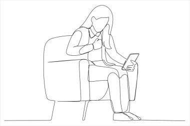 Drawing of young business woman wearing a suit using his phone feeling excited and rejoices while looking at the phone. Single line art style