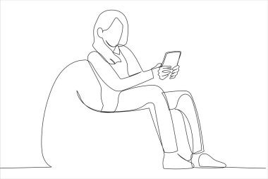 Cartoon of young woman sitting comfy soft armchair holding telephone chatting colleagues. Single continuous line art style