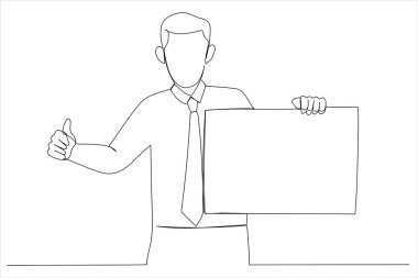 man holding white blank board and showing thumb up, copy space. Single line art style