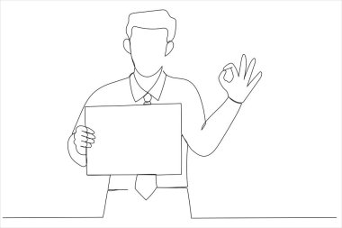 man holding blank empty banner doing ok sign with fingers. One line art style