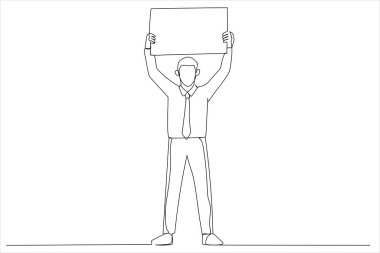man holding up a banner ad. Single line art style