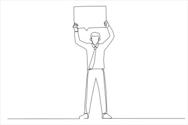 Man holding sign speech bubble screaming excited. One line style art