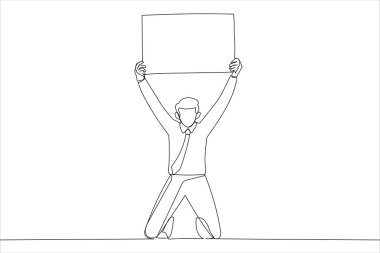 man holding up white blank panel with space for text. Continuous line art