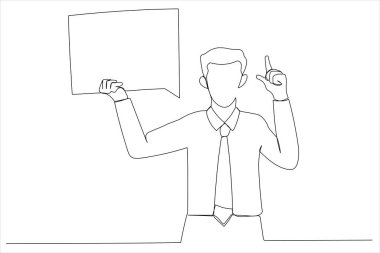 businessman holding blank speech bubble, pointing finger up, copyspace. Single line art style