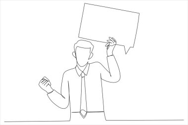 businessman holding speech bubble with empty space. Single continuous line art style