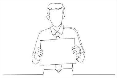 Drawing of businessman showing blank signboard. Empty copy space for some slogan. Single line art style