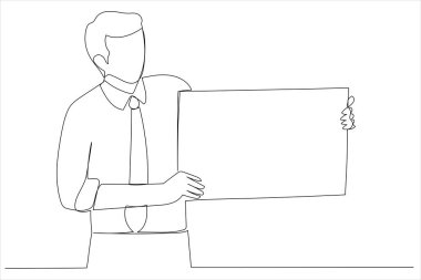 Illustration of happy man displaying white blank placard, mockup for logo or design. One continuous line art style