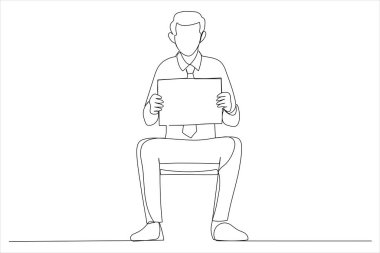 Cartoon of handsome young businessman sitting and holding a blank billboard. Continuous line art