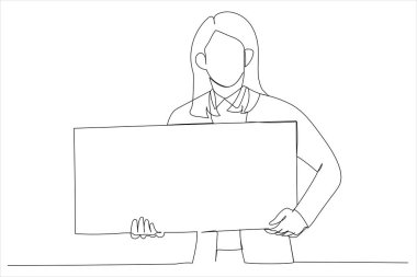 business woman holding a placard confident with crossed arms. One line art style