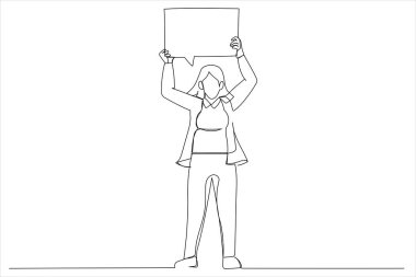 woman holding sign speech bubble screaming excited. Young casual caucasian man in his twenties. Isolated on white background. One line style art