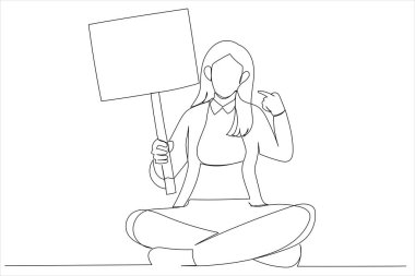 woman holding blank poster. One continuous line art style