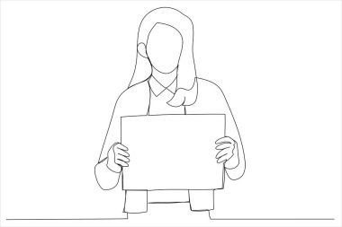 businesswoman showing blank signboard. Empty copy space for some slogan. Single line art style