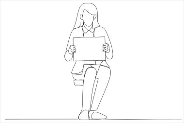 business woman sitting and holding a blank billboard. Continuous line art