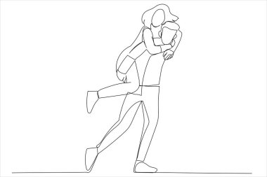 happy Asian groom gives a bride piggyback ride. One line style art