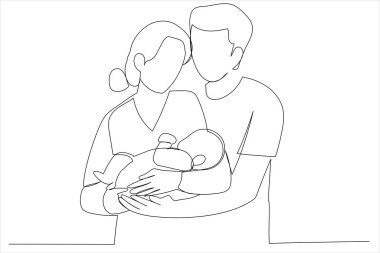 woman and man holding a newborn. Mom, dad and baby. One line art style