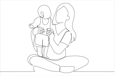 Cartoon of Mother and her child baby girl playing in the summer day. Single continuous line art style