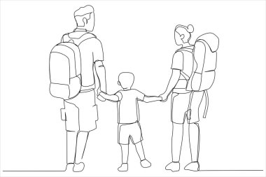Cartoon of family with children hiking outdoors in summer. Single continuous line art style