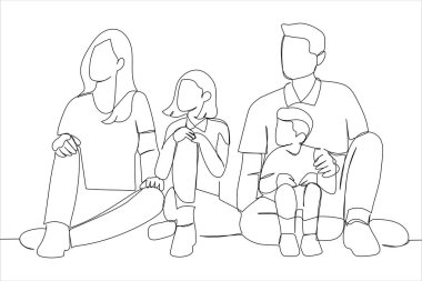 Illustration of happy family with two kids playing into new home. One line style art