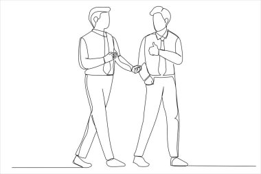 businessman chatting whilst crossing street. Single continuous line art style