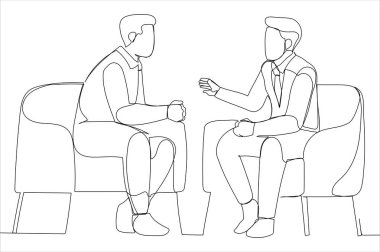 businessmen discussing deal, sharing startup ideas, business partners negotiations or job interview. Single line art style