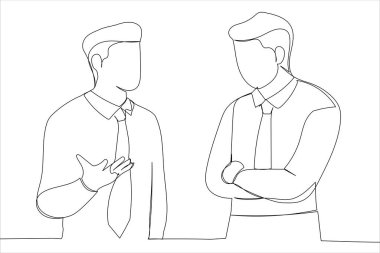 male coach explaining information to young employee and gesturing during communication. One line style art