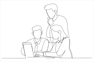 Illustration of team of three coworkers. One line art style