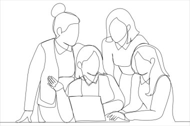female team collaborate at office interacting brainstorming. One line style art
