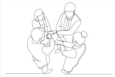 businesspeople standing in a circle facing each other holding hands in a team. One continuous line art style