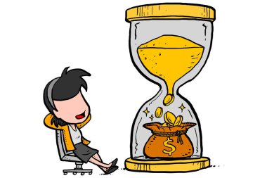 Business woman looking her gold sand hourglass turning time to become gold coin.