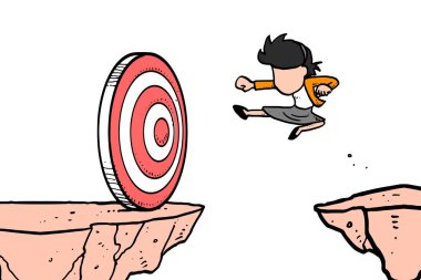 Female leader taking risk kicking the target on the cliff. Cartoon vector illustration design 