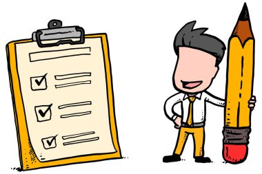 Accomplished businessman holding a pencil after finishing task. Checklist on clipboard.