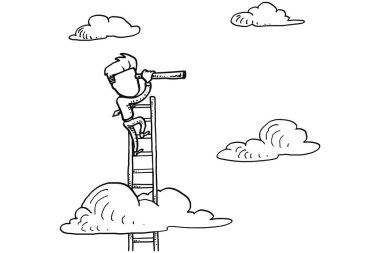 Businessman using ladder using telescope. Business vision mission concept. 