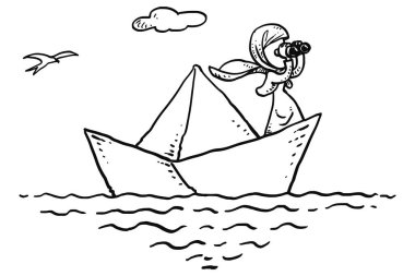Asian muslim business woman using spyglass on paper boat. Hand drawn vector illustration design