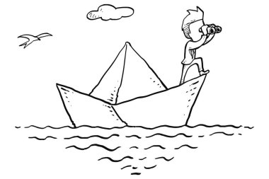 vector illustration of businessman on paper boat using spyglass