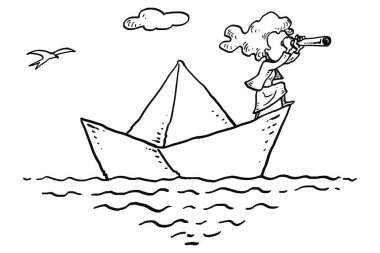 Female entrepreneur on paper boat using telescope for searching opportunity. 