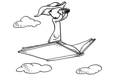 Arab entrepreneur on flying book using spyglass. Hand drawn vector illustration design