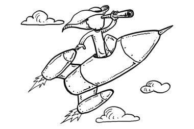 Arab entrepreneur on open rocket using telescope Hand drawn vector illustration design