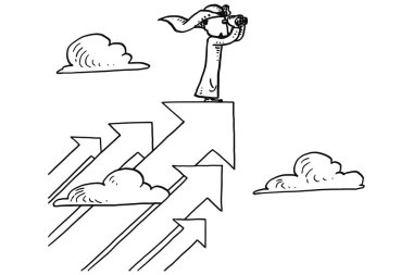 Arabian businessman using spyglass on upward arrow. Concept of vision and business opportunity