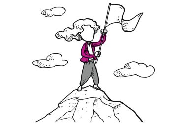 Business woman hold flag on top of mountain. Celebrating success. Character vector illustration design