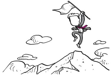 Businessman hold flag jumping on top of mountain. Goal achievement concept. Cartoon vector illustration design