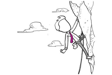 Caricature of businessman climbing a mountain cliff. Concept of risk and hard work. Cartoon vector illustration design