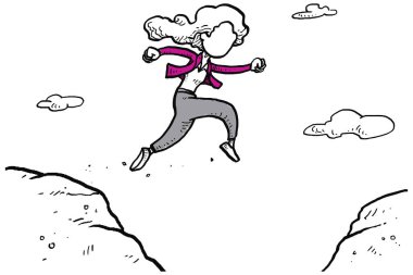 Woman jump through the gap between hill., jump over cliff. Hand drawn vector illustration design