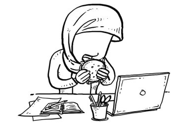 Busy asian muslim woman at the office eating while working. Cartoon vector illustration design