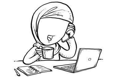 Cheerful asian muslim business woman sipping coffee on her desk while receiving call. Cartoon vector illustration design