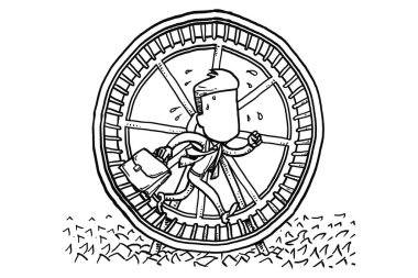 Businessman walking on hamster wheel. Concept of unhappy office life. Cartoon vector illustration design