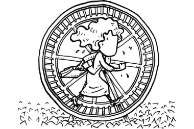 Female worker walking on hamster wheel. Concept of repetitive activity. Cartoon vector illustration design